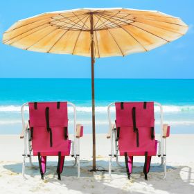 Folding Beach Chair Set of 2 for Adults, 4 Position Portable Backpack Foldable Camping Chair with Headrest Cup Holder and Wooden Armrests, Pink - As s
