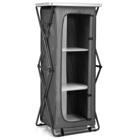 Folding Camping Storage Cabinet with 3 Shelves and Carry Bag - Gray