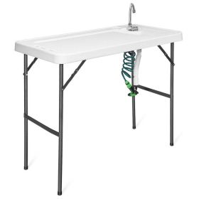 Folding Cleaning Sink Faucet Cutting Camping Table with Sprayer - White