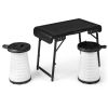 3 Pieces Folding Camping Table Stool Set with 2 Retractable LED Stools - Black & White