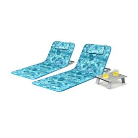 3 Pieces Beach Lounge Chair Mat Set 2 Adjustable Lounge Chairs with Table Stripe - Green
