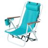 Folding Beach Chair, 4 Position Portable Backpack Foldable Camping Chair with Headrest Cup Holder and Wooden Armrests, Green - Green