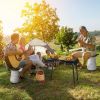 3 Pieces Folding Camping Table Stool Set with 2 Retractable LED Stools - Black & White