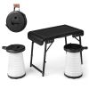 3 Pieces Folding Camping Table Stool Set with 2 Retractable LED Stools - Black & White